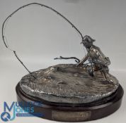 Silver The Fisherman Model, a silver hallmarked filled model by A Ltd on plinth, the rod shows