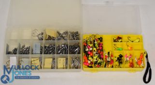 Clear View portioned box with unused weighted jig hooks. All labelled with size and weight, 11