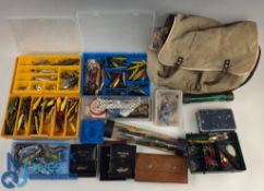 Period Fishing Tackle Bag with leather straps assorted tools, lures, Devons, spoons, trace, weights,