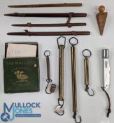 Collection of 4x brass tubular scales by Salter, up to 50lb, Shakespeare combined priest and