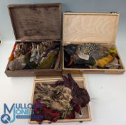 Quantity of Fly Tying Materials with 3 wooden tackle boxes full of loose capes and fur with noted