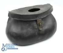 Antique Pot-Bellied steamed leather fishing creel, with brass fitting lock, hinged lid that has a
