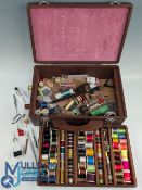 Fine Hard Wood Fly Tying Box, with contents of cotton reels tools, tweezers, flash, and more a