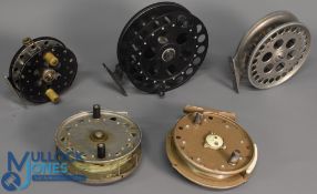 Collection of 5x Vintage centrepin reels a Grice & Young Gypsy D'or with brake adjuster and