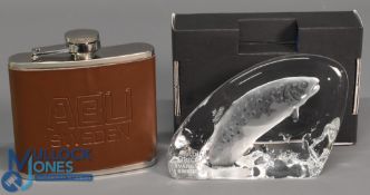 ABU Sweden stainless steel hip flask 5oz appears unused together with an ABU Garcia Sweden Mats