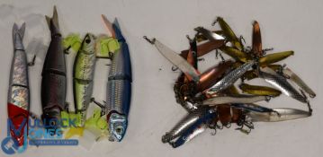 Box of 25 various sizes Abu toby spoons. Box of articulated artificial baits, 2x Savage Gear, 1x