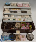 Cantilever Fishing Tackle Box, with mixed period contents of line hooks, tools, shot, weights,