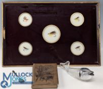 Fly Fishing Tray: large glass topped Tray made by Ebbels with 5 inset Salmon flies, size #39cm x