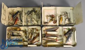 2x Hardy Black Japanned 'Spintac' fly boxes with flies containing a good assortment of vintage lures