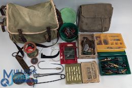 Period Fishing Tackle Bag with leather straps assorted tools, line stoves, bait box, spoons Hardy