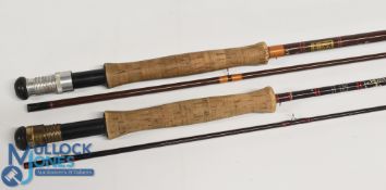 Hardy 9' 2 piece fiberglass trout fly rod, #7, good used condition, and a Hardy Graphite Deluxe 9' 2