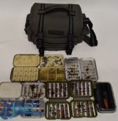 Collection of 8 fly boxes comprising a Hardy black japanned 15 compartment box, hinged lids,
