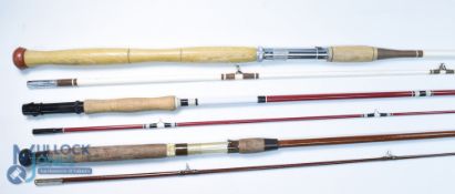A collection of unnamed spinning rods, as follows: 7ft solid glass, heavy; 8 ft, hollow glass; 7ft