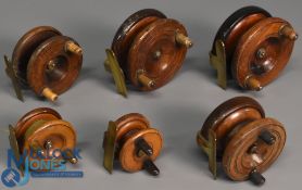 Collection of 6x wood and brass Nottingham pattern reels sizes 2