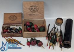 Two small wooden boxes and a metal Japanned metal float tube all containing early floats