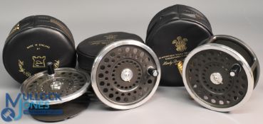 Hardy Bros Marquis Salmon No2 alloy fly reel and 2x spools (3) with ribbed brass foot, metal