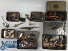 6 Tins of Assorted Fishing Lures, Spoons Devons, Tobys, some Hardy lures included
