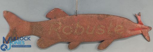 Vintage Metal Fishing Tackle Shop Sign, an embossed Pike with Redoubtable one one side and the other