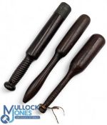 3x Large Hard Wood Period Fishing Priests, two with finely turned handle grips, one with added