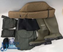 Fishing Clothes Bags Accessories, a pair of waxed chaps, a Compac rod bag, fishing waist coat with 2