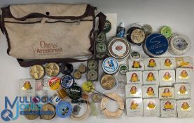 Orvis Artic Creel with a large collection of fishing accessories, lines, tools, tins of lead