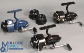 3x Mitchell fixed spool reels - features Early Mitchell fixed spool reel half bail arm, foot stamped