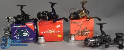 4x Various Spinning reels - incl Dragon Match Black Hawk 300 carp reel with 5x spare spools,