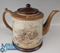 Victorian Piscatoribus Sacral Fishing Teapot Stoneware with sgraffito scenes of fishing line nets,