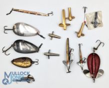 Period Fishing Spoons and Lures with 2 good named Brass Hardy Bros spoons, a Norwich style copper
