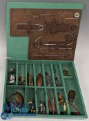 Homemade Wooden Fitted Fishing Tackle Box, with contents of gaff head disgorger tools, spoon lures