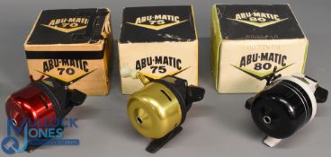 ABU Garcia Abumatic closed face reels (3) features a 70 model in red finish, a 75 model with twin