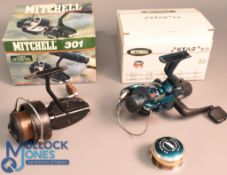 Mitchell Spinning reels (2) features a Mitchell 301 RHW reel foot stamped 469231 in maker's card