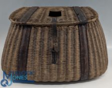 Period Split Cane Fishing Creel, leather straps, webbing shoulder strap, n French style, some