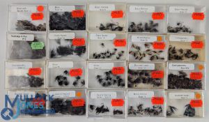 20x boxes of Assorted Fishing Flies, mostly hackled wet retail old shop stock of black and peacock