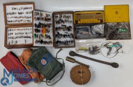 Period Fishing Tackle Collection - to include woven fabric and brass priests, a cigarette box of