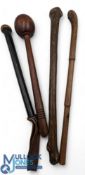 4x Period Wooden Fishing Priest Mallets Cosh Tools, one with leather straps, two having lead