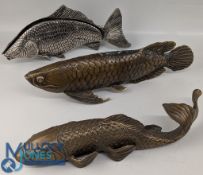 2x Oriental Bronze Cast Fish and a Silverplated Fish Letter Rack (3)