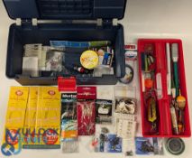 Fishing Tackle Collection in plastic Tuffstuff toolbox with contents of plugs, spinners, hooks