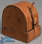 Hardy Bros Ltd maker Alnwick England red baize lined block leather reel case with original strap