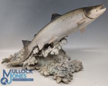 A very large Pottery Leaping Salmon Sculpture. On a naturalistic base signed N Dalrymple #46cm x