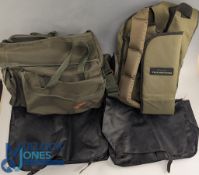 4x Fishing Bags, 2 black synthetic leather shoulder bags with webbing strap, a Cotswold Aquarius