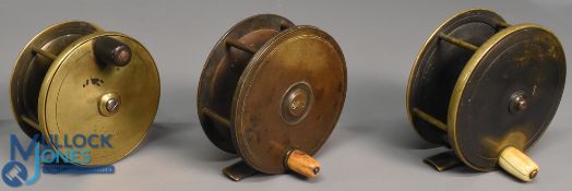 3x Various brass reels to incl' Chas Farlow maker, London 4 ¼