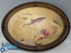 Jemes Edwin Dean 1930 Painted Oval Panel of Sea Anemones & Fish, possibly for Minton, in an oak