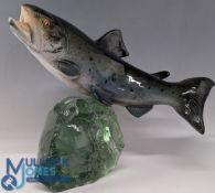 R Gangloff French China Salmon Figure mounted on triangular glass base (the glass shown wear)