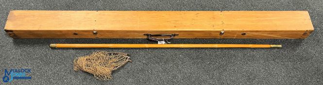 Wooden Pine Fishing Rod Travel Trunk Holder, comes with a bamboo handled net- hollow for spare rod