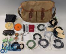 Period Canvas Leather Fishing Tackle Bag, with webbing shoulder strap, with contents of Otter line