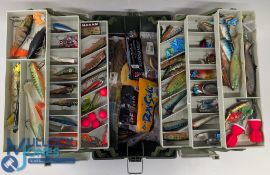 Shakespeare Cantilever Fishing Tackle Box, full of soft baits, lures spoons, used and unused items