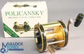 Policansky Monarch 2020 big game multiplier reel in gold and black finish, optional check, torpedo