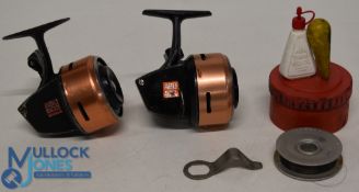 Pair of Abu 503 close faced reels, both working and retaining good finish, complete with handbook,