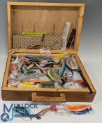 Wooden Fishing Tackle Box of Lures, Spoons, Artificial Baits, Devons, Spoons etc qty, in need of